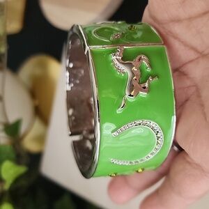 Vintage Silver Green Equestrian Horse Clamper / Hinge Bracelet